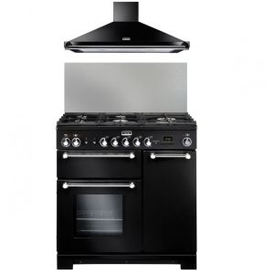 Ensemble Piano Falcon Noir KITCHENER 90 cm mixte + Hotte + Crédence Inox