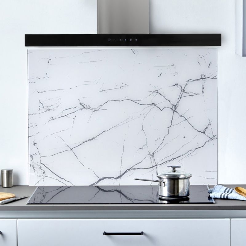 Crédence en verre trempé 90 cm Laqué blanc effet marbré