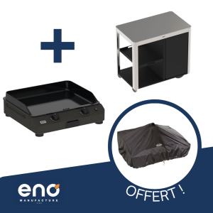 Pack ENO Plancha Fusion 60 gris cargo + desserte Achille Inox/Noir + housse OFFERTE