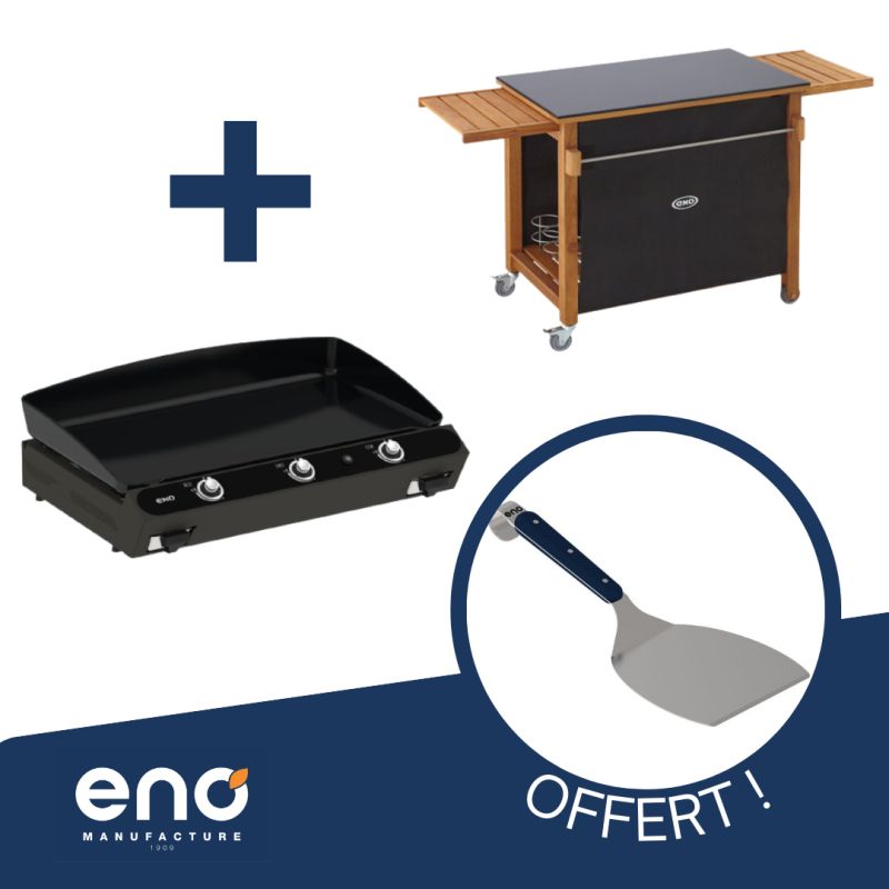 Pack ENO Plancha Bergerac 75 Noir + Desserte Emile HPL et bois + spatule plate OFFERTE